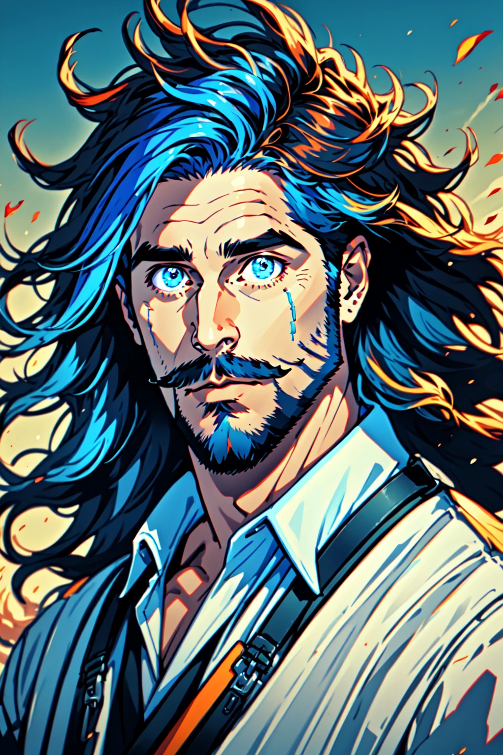 Niji Lora Style,masterpiece, best quality, 1boy, male focus, solo, facial hair, beard, blue hair, blue eyes, looking at viewer, long hair, closed mouth, mustache, shirt, portrait, upper body, wild hair, fluffy hair, wind swept hair, <lora:Niji_Lora:1>