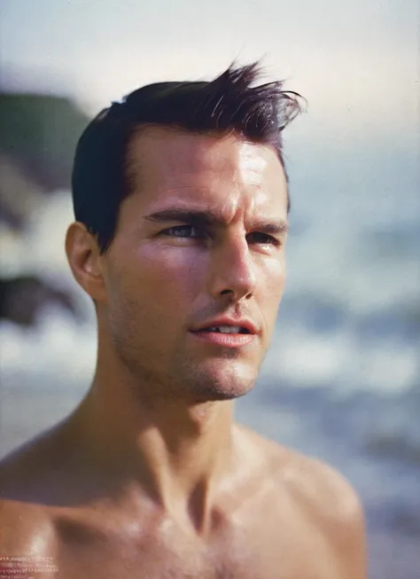 analog style, modelshoot style, photo of beautiful sks person, hyper realistic photograph, detailed face,film grain, Kodak portra 800, f1.8, intricate, at the beach, <lora:locon_tomcruise_v1_from_v1_64_32:1.25>