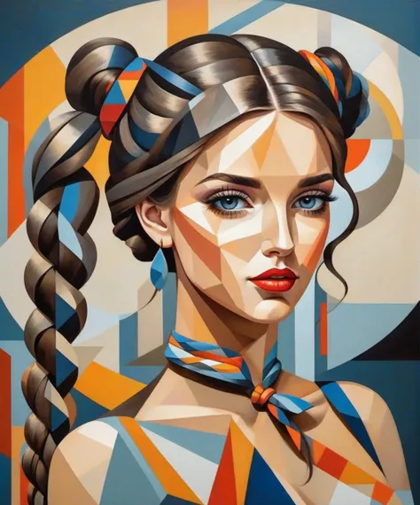 Cubism Art , a gorgeous woman, braided pigtails , flat geometric forms, cubism art