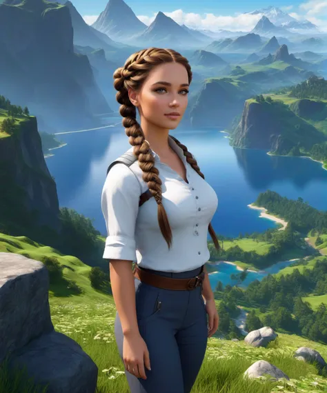 Terragen  , a gorgeous woman, braided pigtails , beautiful massive landscape, epic scenery, Terragen