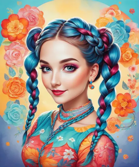 Whimsical and Playful  , a gorgeous woman, braided pigtails , imaginative, fantastical, bight colors, stylized, happy, Whimsical and Playful