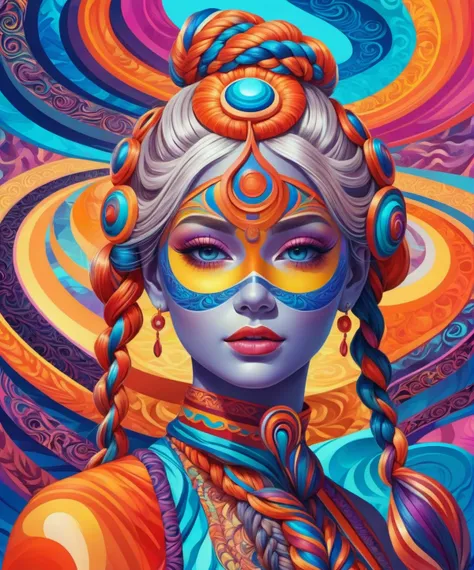 DMT Art Style , a gorgeous woman, braided pigtails , bright colors, surreal visuals, swirling patterns, DMT art style