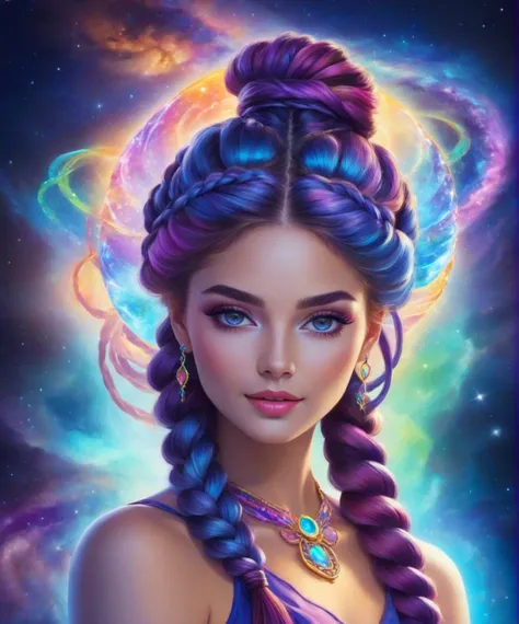 Astral Aura , a gorgeous woman, braided pigtails , astral, colorful aura, vibrant energy