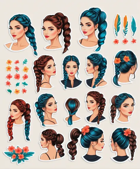 Vector Art Stickers  , a gorgeous woman, braided pigtails , professional vector design, sticker designs, Sticker Sheet