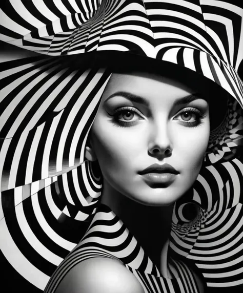 Op Art of a beautiful woman, enchanting, optical illusion, abstract, geometric pattern, impression of movement, Op Art