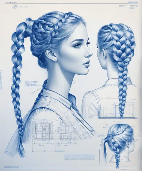 Blueprint Schematic Drawing , a gorgeous woman, braided pigtails , technical drawing, blueprint, schematic