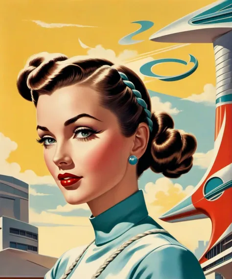 Googie Art Style  , a gorgeous woman, braided pigtails , dynamic, dramatic, 1950's futurism, bold boomerang angles, Googie art style