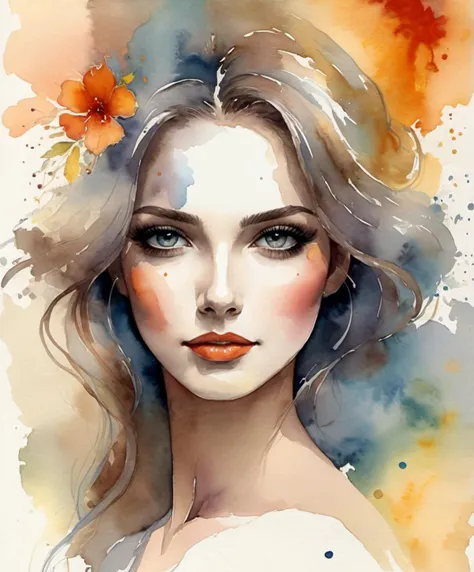 Watercolor style painting of a gorgeous woman, enchanting,, visible paper texture, colorwash, watercolor art