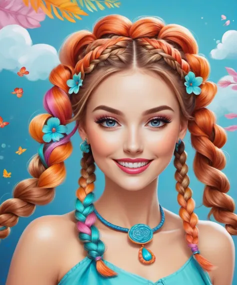 Whimsical and Playful  , a gorgeous woman, braided pigtails , imaginative, fantastical, bight colors, stylized, happy, Whimsical and Playful