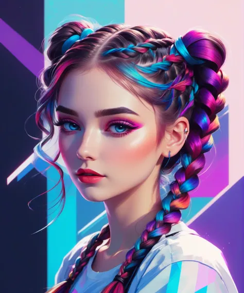 Glitchcore Art Style , a gorgeous woman, braided pigtails , dynamic, dramatic, distorted, vibrant colors, glitchcore art style