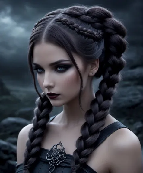 Dark Fantasy Art , a gorgeous woman, braided pigtails , dark, moody, dark fantasy style