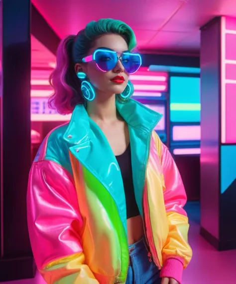 vaporwave style, a gorgeous woman, charming, retro aesthetic, cyberpunk, vibrant, neon colors, vintage 80s and 90s style, highly detailed