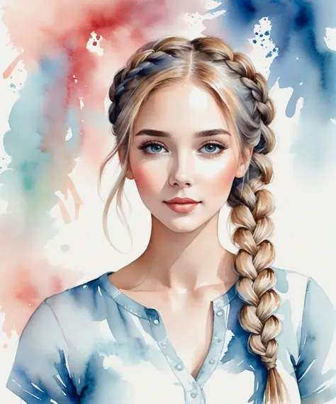 Watercolor style painting,  , a gorgeous woman, braided pigtails , visible paper texture, colorwash, watercolor