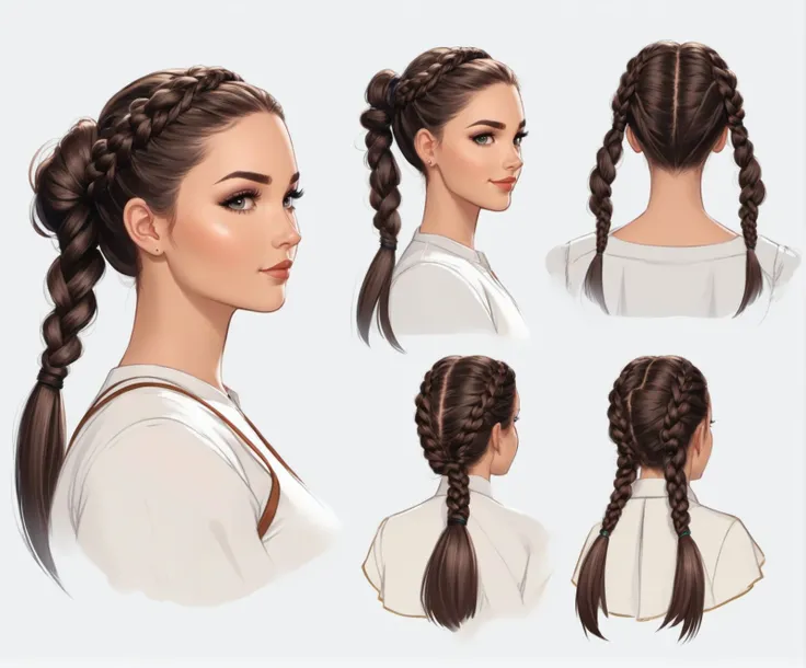 Character Design Sheet , a gorgeous woman, braided pigtails , character reference sheet, character turn around