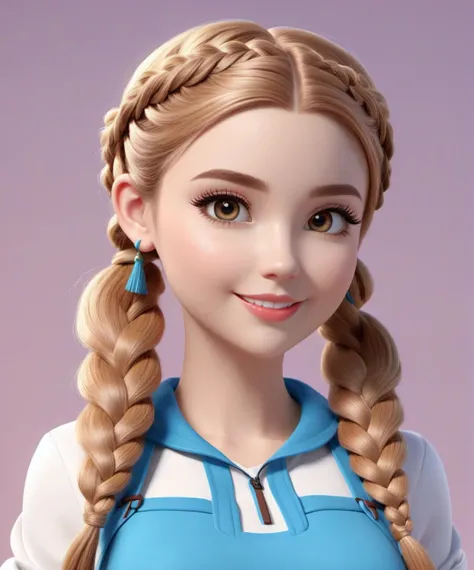 Adorable 3D Character , a gorgeous woman, braided pigtails , 3D render, adorable character, 3D art