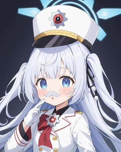 cherino \(blue archive\),fake_mustache, 1girl, halo, white_background, solo, blush, simple_background, white_gloves, shako_cap, randoseru, upper_body, open_mouth, white_coat, long_sleeves, buttons, hair_ribbon, one_side_up
<lora:cherino_(blue_archive)_image321_2023-11-26-000025:1>halo. gorgeous,key visual, vibrant, studio anime,award-winning, professional, highly detailed,high budget, cinemascope