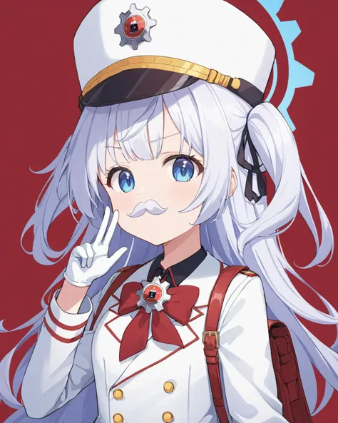 cherino \(blue archive\),1girl, fake_mustache, red_background, solo, white_gloves, shako_cap, randoseru, looking_at_viewer, two_side_up, double-breasted, white_coat, simple_background, white_headwear, upper_body, long_sleeves, red_bag, uniform, hand_up, ribbon, collared_shirt, neckerchief
<lora:cherino_(blue_archive)_image321_2023-11-26-000025:1>halo. gorgeous,key visual, vibrant, studio anime,award-winning, professional, highly detailed,high budget, cinemascope