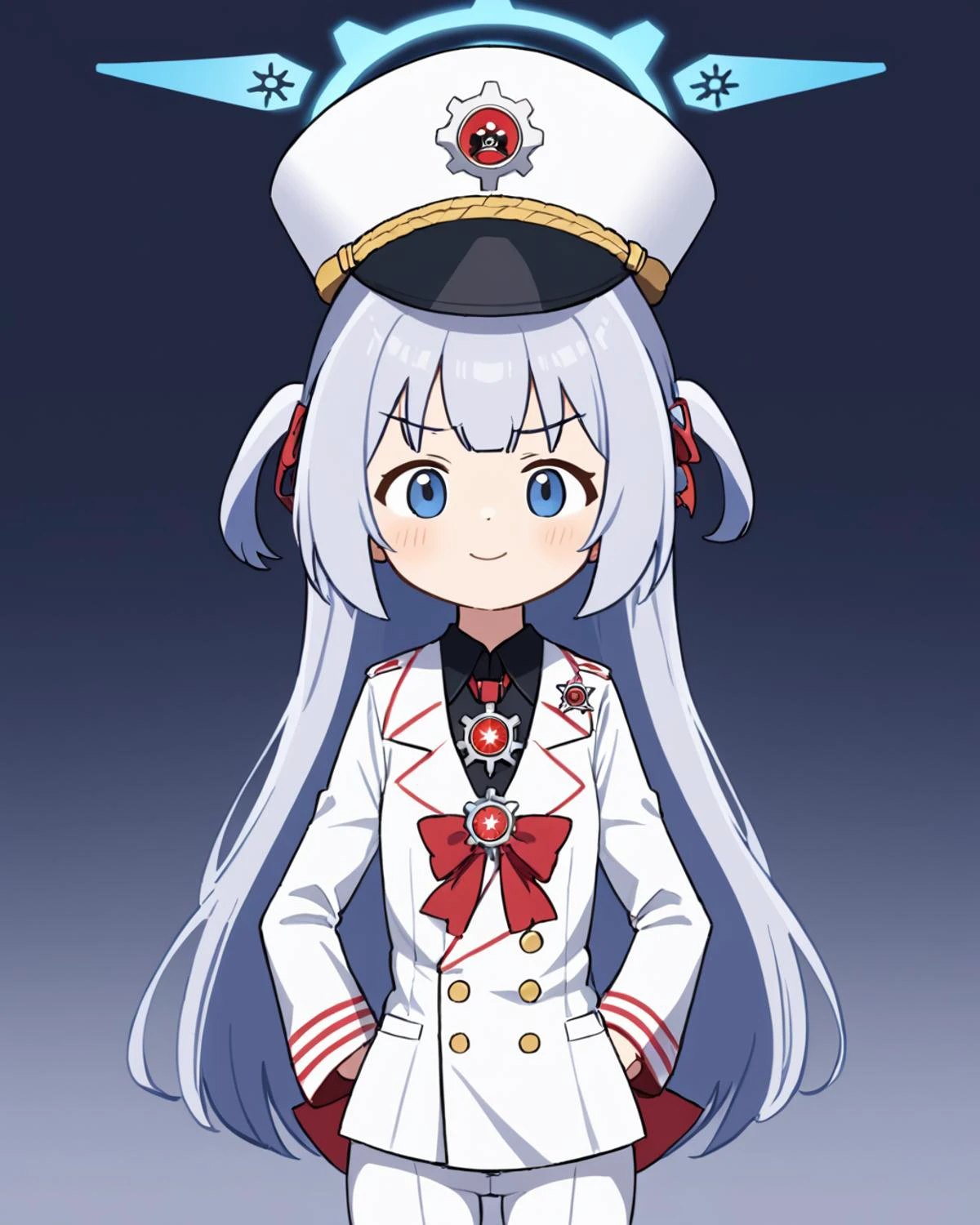 breathtaking,cherino \(blue archive\),1girl, solo, smile, shirt, long sleeves, hat, closed mouth, jacket, upper body, collared shirt, chibi, red bow, two side up, v-shaped eyebrows, black shirt, white headwear, halo, white jacket, facing viewer, hands on hips, >:), randoseru, shako cap, doyagao
<lora:Cherino_image88_v1:1>. . gorgeous,key visual, vibrant, studio anime,award-winning, professional, highly detailed,high budget, cinemascope