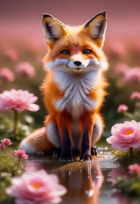 Pink flowers with crystal dewdrops on the petals form a bright and delicate scene. The soft light shines from the left, making the fox's hair and water drops on the petals sparkle, adding to the detail of the picture. and texture, the picture is mainly pink, and the pink of the petals complements the transparency of the dewdrops. The orange-red hair of the fox looks particularly warm and lively against the pink background, forming a strong visual contrast, creating a warm and dreamy atmosphere. The proportion of the fox and flowers makes the picture look more fairy tale and fantasy, showing a Beautiful scene of a cute fox standing on a huge pink flower. <lora:flower fox_sdxl_O8RF:0.6>