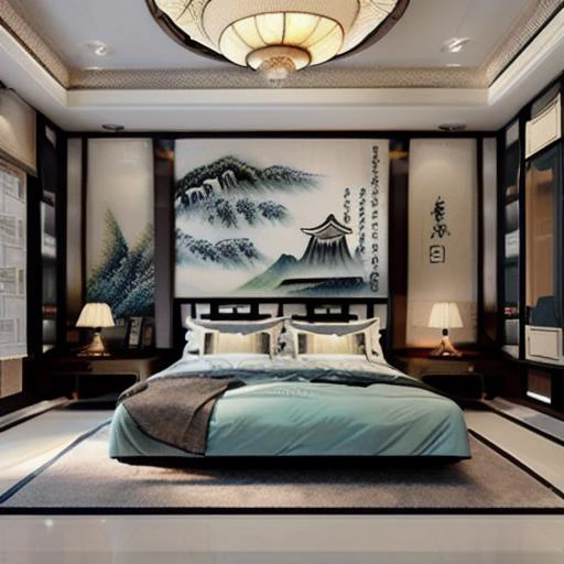 <lora:new Chinese style bedroon_1:1>(masterpiece), (best quality), Modern style bedroom,  Chinese painting