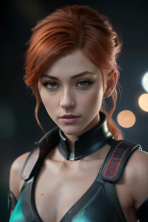 Leeloo of the Fifth Element, ((A bioengineered cyberpunk superbeing who holds the fate of humanity in his hands, Leeloo sports wild red hair, wearing a disguise of a few strategically placed bandages, futuristic cyberpunk background)), (full body pose, dynamic pose), (hyper realist:1.4), (realist:1.3), (Best quality real texture skin.), (full body pose), (light cinemática), very detailed skin, skin pores, (Very detailed face:1.1), (sexy, neckline, pinching), (very detailed eyes:1.1), realist pupils, (perfect anatomy:1.1), (perfect proportions:1.1), (Photography:1.1), (photorealist:1.1), volumetric lighting, dynamic lighting, real shadows, (high resolution:1.1), sharp focus, light, (realist, hyperrealist:1.4), intricate, high detail, dramatic, subsurface dispersion, great depth of field, Vivid, pulido, sharp, ((full sharp)), (extremely absurd),8k hdr