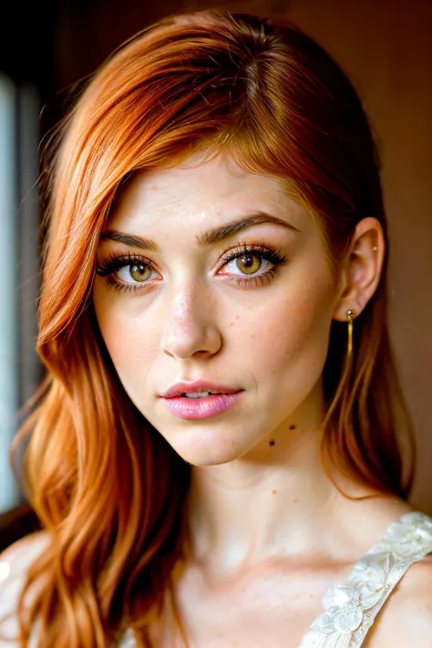 A woman with (light red) hair posing for a picture, (straight hair: 1.2), red lipstick