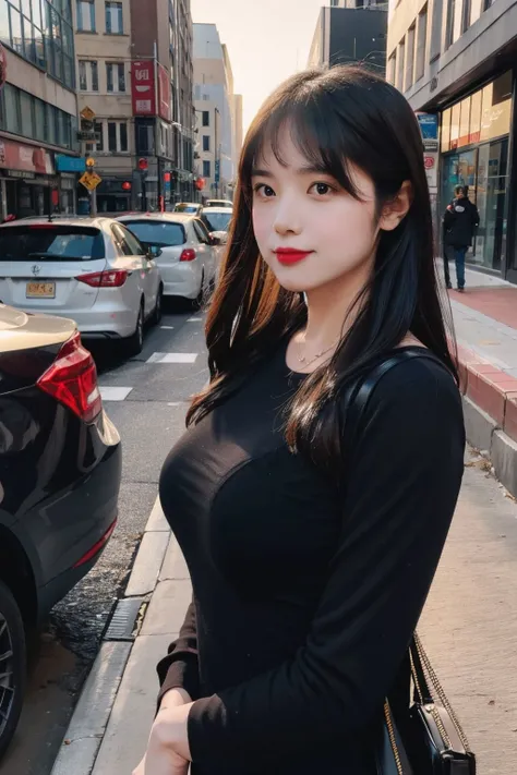 glamour photo of loveyu_ju, amidst a bustling city, upper body framing, in a street photography setting, golden hour lighting:1.3), shot at eye level, on a Fujifilm X-T4 with a 50mm lens, <lora:loveyu_ju-15:0.9>