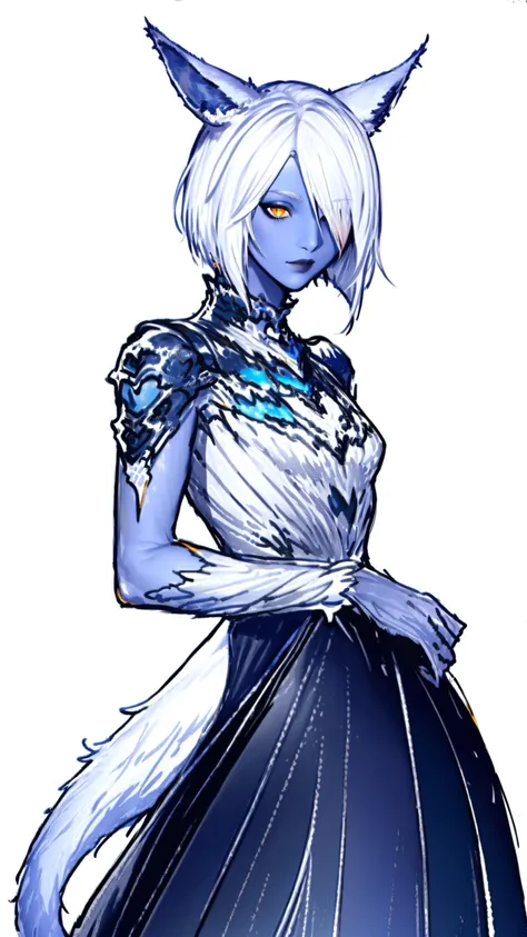 <lora:AmberleyNox-15:0.85>, AmberleyNox, woman,(grey skin, (blue skin:0.7), dark skin), extremely detailed CG unity 8k
white hair, short hair, hair over one eye, animal ears, amber color eyes, small skirt, black main color, colored outlines, final fantasy logo <lora:Final_Fantasy_Logo_style:1>