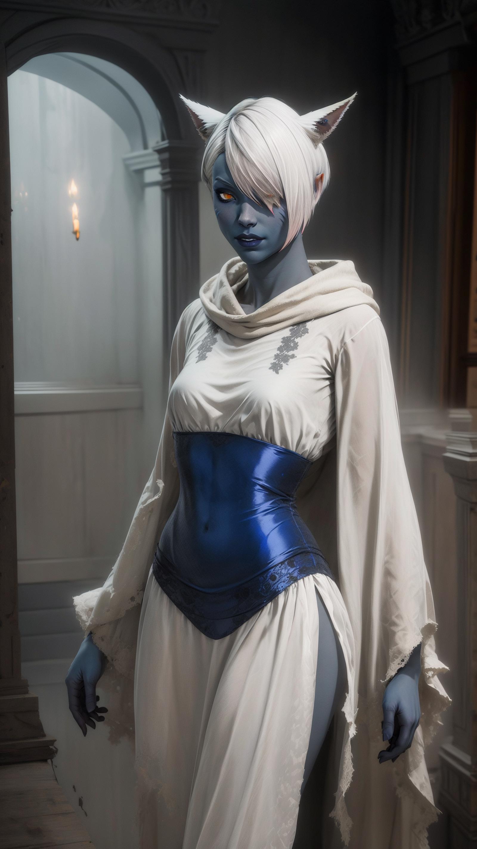 A woman in a white dress and blue costume standing in a room - SeaArt AI