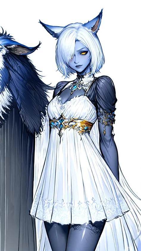 <lora:AmberleyNox-15:0.85>, AmberleyNox, woman,(grey skin, (blue skin:0.7), dark skin), extremely detailed CG unity 8k
white hair, short hair, hair over one eye, animal ears, amber color eyes, dress, black main color, colored outlines, final fantasy logo <lora:Final_Fantasy_Logo_style:1>