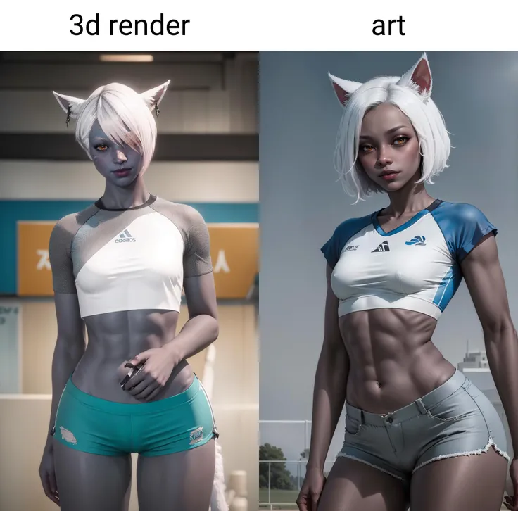 (sport wear, crop top, shorts:1.2), <lora:AmberleyNox-15:0.85>, AmberleyNox, 3d render, woman,(blue skin, gray skin, dark skin), 
white hair, short hair, hair over one eye, anial ears, amber color eyes, 
intimate details,