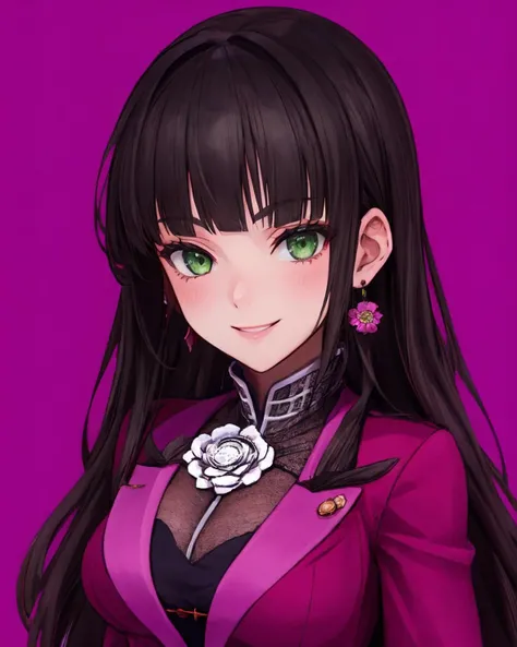 best quality, (masterpiece:1.2), illustration, absurdres,
(1girl), (solo), (beautiful detailed girl), (upper body, portrait:1.2)
<lora:Kilika-08:0.8>, Kilika Rouran, black hair, long hair, blunt bangs, hime cut, green eyes, medium breasts, jewelry, earrings, flower ornament, purple suit, purple skirt, black undershirt, black pantyhose, black high heels,
smile, looking at viewer,
(((simple background)))