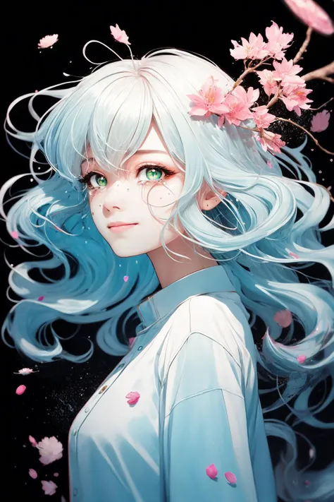 vivid color, hyper quality, vector graphics, flat color, blue theme, twirl, 2girl, sisters, face to face, face focus, looking at another, from side, detailed eyes, holding each other, upper body, spiral, spinning, ink, melting, blending, abstract, splash, hyper detailed, light blue hair, pink hair, white hair, very long hair, long locks, small breast, messy hair, iridescent eyes, green eyes, blue pupils, pink pupils, backlighting , sand, water, black background, dust, water splash, long sleeves , white clothes, splash, oversized clothes, crying, smile, sad, expressions, light particles, chromatic aberration, pink flower petal, limited palette, wavy hair, floating hair, disheveled hair, transparent background, hair background, teardrops, distorting hair, blending hair into background, caustics, no gravity, fisheye lens, vanishing point, continuous branch, branching hair, paint splatter,<lora:SilvermoonMix08:1>