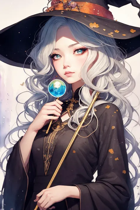 an extremely delicate and beautiful,masterpiece,best quality, ultra-detailed, illustration,Gorgeous and rich graphics,watercolor,realistic,floating,disheveled hair, liquid hair,solo,a girl,beautiful detailed girl,witch hat,holding_magic_cane ,colorful eyes,beautiful detailed eyes,platinum hair,multicolored hair,streaked hair, multicolored clothes,halloween,shining, sunlight,colorful bubble, colorful background,high saturation,surrounded by colorful splashes,<lora:SilvermoonMix08:1>