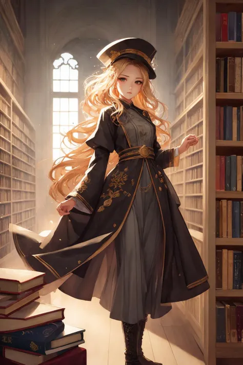masterpiece, best quality, masterpiece,best quality,watercolor-painting,watercolor-paper,2020s_(style),extremely detailed CG unity 8k wallpaper,ultra-detailed, best illustration, detailed light, over exposure,an extremely delicate and beautiful,solo,1 girl close up,a girl looking at viewer,shiny,beautiful detailed eyes,round eyes,messy floating hair, small breasts,Shiny-messy-hair, extremely detailed background,depth of field,dynamic composition,cinematic-lighting,ink painting-background, fantasy,in-the-library,magic circle,bookshelfs,many books,long coat with fringe,European,scolar,10-years-old,black robe with embroidery,hat with embroidery,boots,long skirt,gorgeous fringe,thin-metal-decorations,antique,blonde-hair,daytime,vintage color,french braid,magic books,tower of books,floating many books,clock,long hair,detailed clothes,100-layer-dress, parted bangs, <lora:SilvermoonMix08:1>