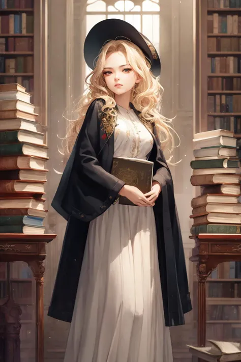masterpiece, best quality, masterpiece,best quality,watercolor-painting,watercolor-paper,2020s_(style),extremely detailed CG unity 8k wallpaper,ultra-detailed, best illustration, detailed light, over exposure,an extremely delicate and beautiful,solo,1 girl close up,a girl looking at viewer,shiny,beautiful detailed eyes,round eyes,messy floating hair, small breasts,Shiny-messy-hair, extremely detailed background,depth of field,dynamic composition,cinematic-lighting,ink painting-background, fantasy,in-the-library,magic circle,bookshelfs,many books,long coat with fringe,European,scolar,10-years-old,black robe with embroidery,hat with embroidery,boots,long skirt,gorgeous fringe,thin-metal-decorations,antique,blonde-hair,daytime,vintage color,french braid,magic books,tower of books,floating many books,clock,long hair,detailed clothes,100-layer-dress, parted bangs, <lora:SilvermoonMix08:1>
