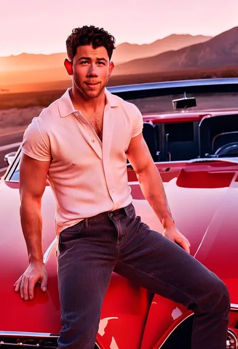 nick jonas a man <lora:nick-jonas:1> sitting on red car. Full body. muscular. Erotic. Sexy. warm light. sunset. Opened shirt. Taken from below.  zoom out, 