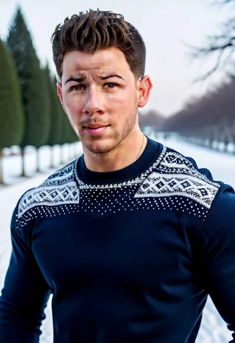 Ultra-detail, (highres:1.1), best quality, (masterpiece:1.3), Ultra Realistic cinematic Photo, dynamic posture posing in snowy park, nick jonas a man <lora:nick-jonas:1>, from side, walking, fitness champion, handsome Mr. World, perfectly shaped, symmetrical muscled body with six-pack abs, pecs, biceps, thin waste, V-shaped back, symmetrical face, perfect jawline, modern haircut, dark blue eyes, high detailed white skin, high detailed face, realistic pupils, realistic eyes, high detailed eyes, realistic iris, 8k UHD, soft lighting, high quality, film grain,