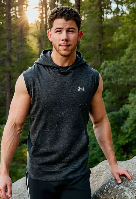 photo of nick jonas a man <lora:nick-jonas:1>, wearing a sleeveless well-fitted under armour hoodie and compression shorts, standing on a boulder, outdoor trail, 35mm photograph, film, bokeh, professional, 4k, highly detailed, creek in the background, natural lighting, golden hour