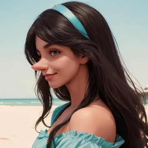 Female with olive skin, large dark brown eyes, voluminous black hair, light blue headband with a central blue gem, off-shoulder light blue top and matching bottoms, serious expression, close up photo, <lora:Jasmine_Princess:1>, Jasmine Princess, raw photograph of pinocchia woman in side profile, smiling, model shoot, intricate detailed background <lora:pinocchia:1.0>
