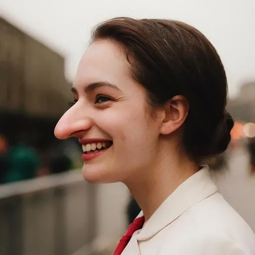 close up, raw photograph of pinocchia woman in side profile, smiling, model shoot, intricate detailed background <lora:pinocchia-000004:0.8> <lora:Elisabeth Moss:1.2> Elisabeth Moss