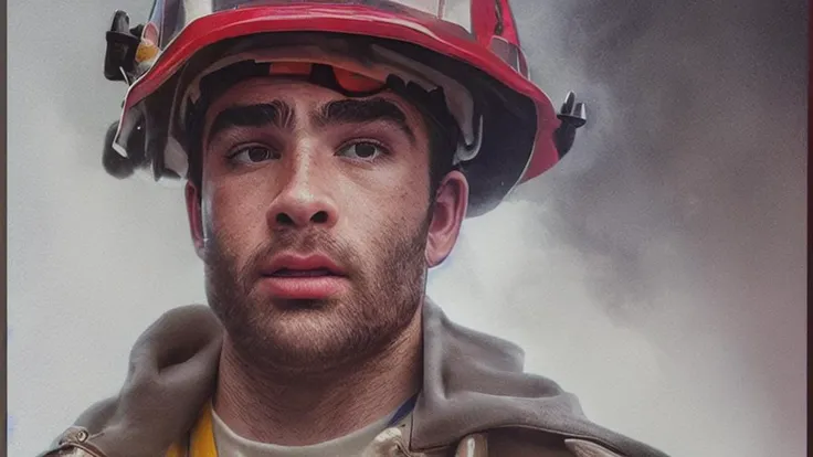 closeup action shot of (hasanpiker person as a fireman:1.1), cinematic, scene, film still, hdr, 8k, trending on artstation, by artgerm wlop, atmospheric fog, atmospheric lighting