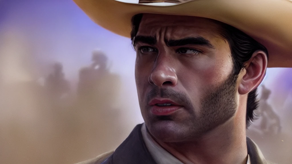 closeup action shot of (hasanpiker person as a Texas Ranger law enforcement:1.1), cinematic, scene, film still, hdr, 8k, trending on artstation, by artgerm wlop, atmospheric fog, atmospheric lighting