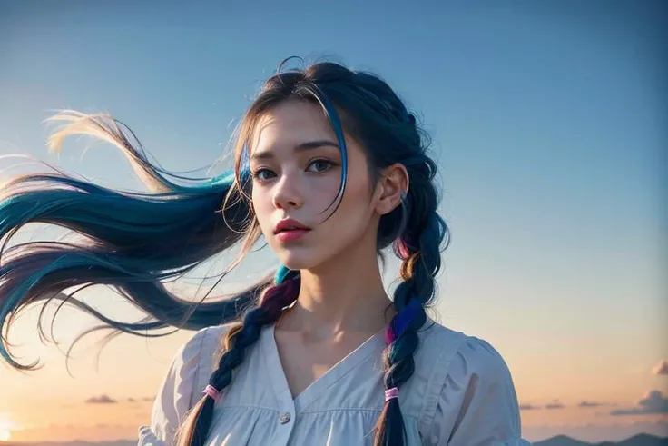 1girl, solo, braid, blue hair, multicolored hair, cloud, blue eyes, sky, long hair, looking at viewer, twin braids, pink hair, sideways, dress, parted lips, ponytail, portrait, blue sky, hair ornament, floating hair, ribbon,ray tracing,best quality, masterpiece, highres, original, extremely detailed 8K wallpaper, an extremely delicate and beautiful,realistic,photograph,low key,incredibly_absurdres,colorful, realistic,cinematic lighting,intricate detail,artbook, <lora:epiNoiseoffset_v2:0.5>,windblown hair, <lora:windblownHairTrained_v10:1>