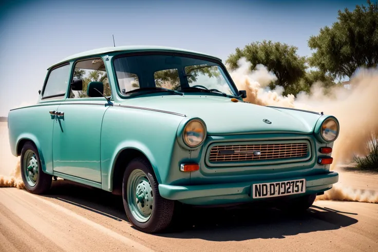 green STANCE TRABANT, car, sandstorm, photorealistic, shot by Sony a7iii <lora:TRABANT:0.8>