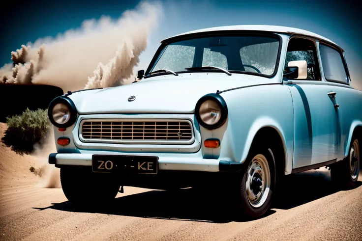 black STANCE TRABANT, car, sandstorm, photorealistic, shot by Sony a7iii <lora:TRABANT:0.8>