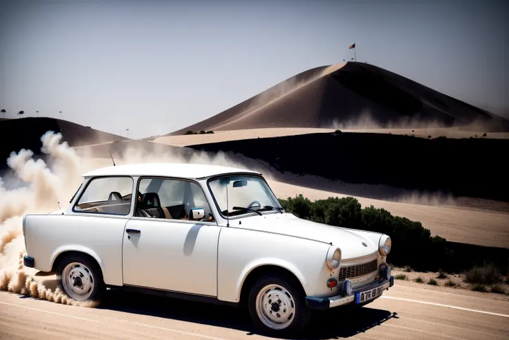 white STANCE TRABANT, car, sandstorm, photorealistic, shot by Sony a7iii <lora:TRABANT:0.8>
