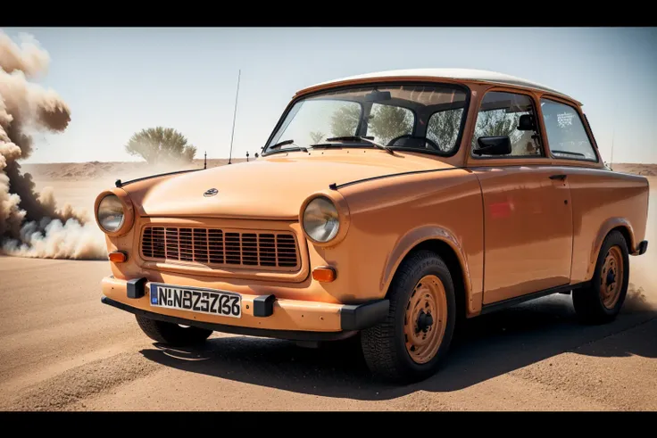 red STANCE TRABANT, car, sandstorm, photorealistic, shot by Sony a7iii <lora:TRABANT:0.8>