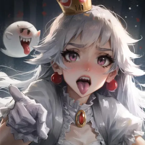 ((best quality)), ((highly detailed)), masterpiece, ((official art)), extremely detailed face, beautiful face, (detailed eyes, deep eyes), (1girl:1.33, solo), <lora:princessKingBoo_v10:1>, very long hair, white hair, white clothes, crown, (pink colored eyes), ghost pose, (((deep blush))), open mouth, sharp teeth, teeth, tongue, tongue out, upper teeth only, (boo (mario), ghost), <lora:samdoesartsSamYang_offset:.85>, sam yang