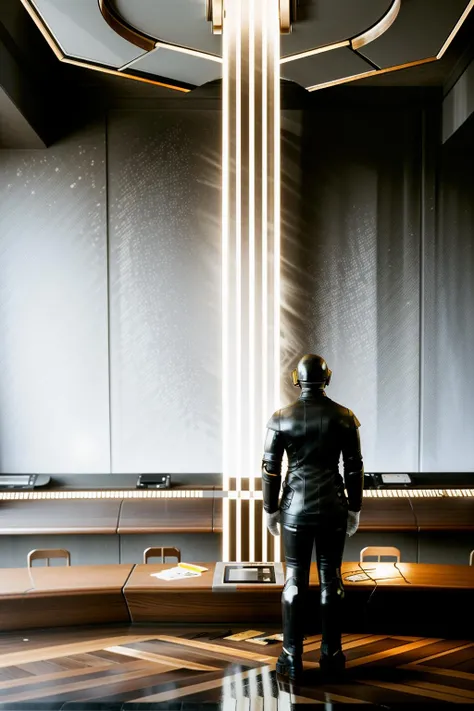 -A futuristic courtroom drama, with sleek, minimalist designs and high-tech gadgets. Realistic textures and lighting add to the immersive experience., soviet, a man with tattoos on his arms and a tie, atomh